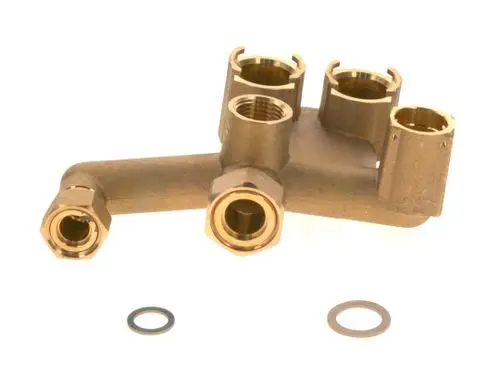 BOSCH Rücklauf-Sammelstück aus Metall mit mehreren Anschlussgewinden und einer Dichtung. Element für den Anschluss von Rohrleitungen in Heizungsanlagen.
